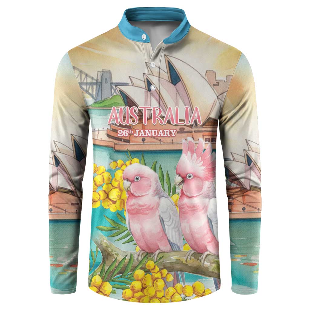 Personalised Pink Galah Australia Day Button Sweatshirt Aussie Sydney Opera House Watercolor Stylized - Aussie Hoodie