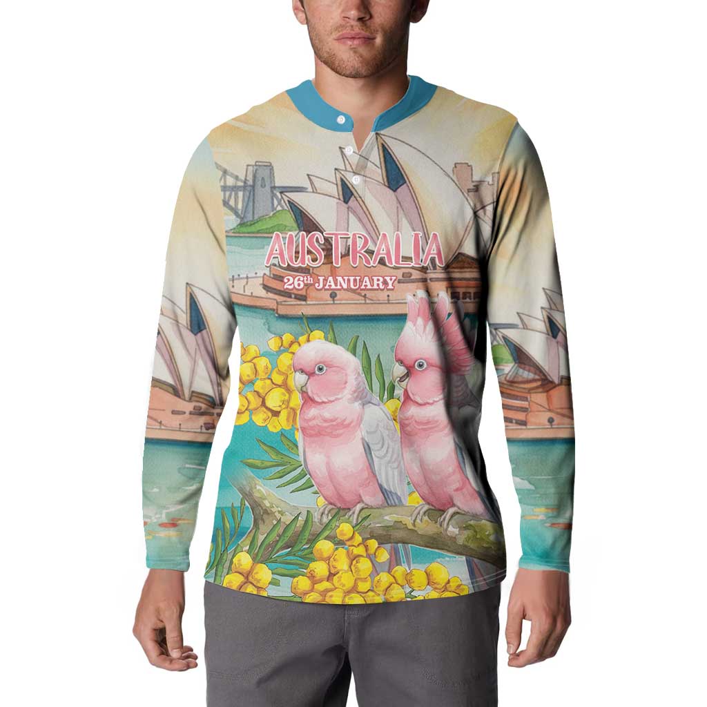 Personalised Pink Galah Australia Day Button Sweatshirt Aussie Sydney Opera House Watercolor Stylized - Aussie Hoodie