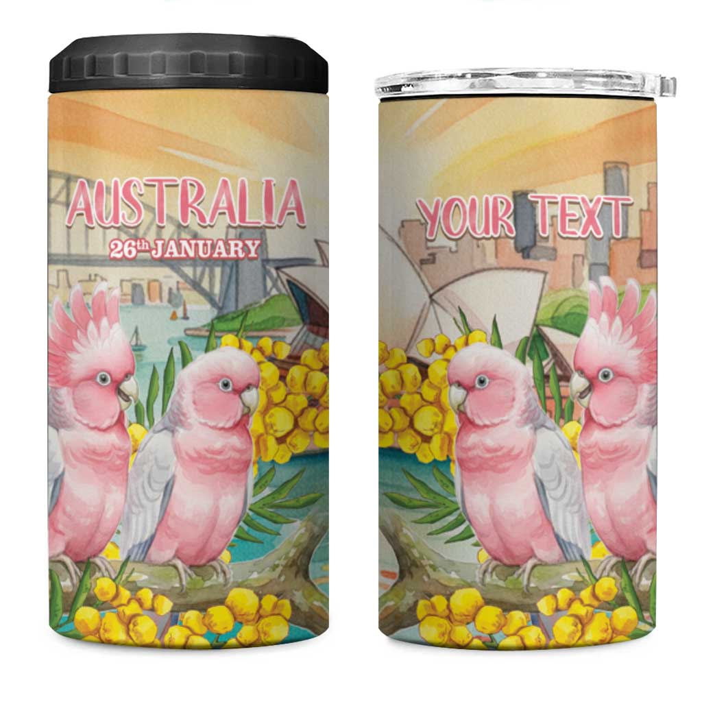 Personalised Pink Galah Australia Day 4 in 1 Can Cooler Tumbler Aussie Sydney Opera House Watercolor Stylized - Aussie Hoodie