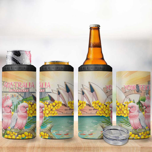 Personalised Pink Galah Australia Day 4 in 1 Can Cooler Tumbler Aussie Sydney Opera House Watercolor Stylized - Aussie Hoodie