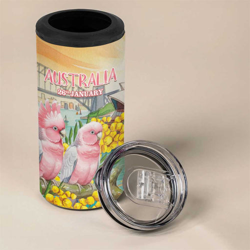 Personalised Pink Galah Australia Day 4 in 1 Can Cooler Tumbler Aussie Sydney Opera House Watercolor Stylized - Aussie Hoodie