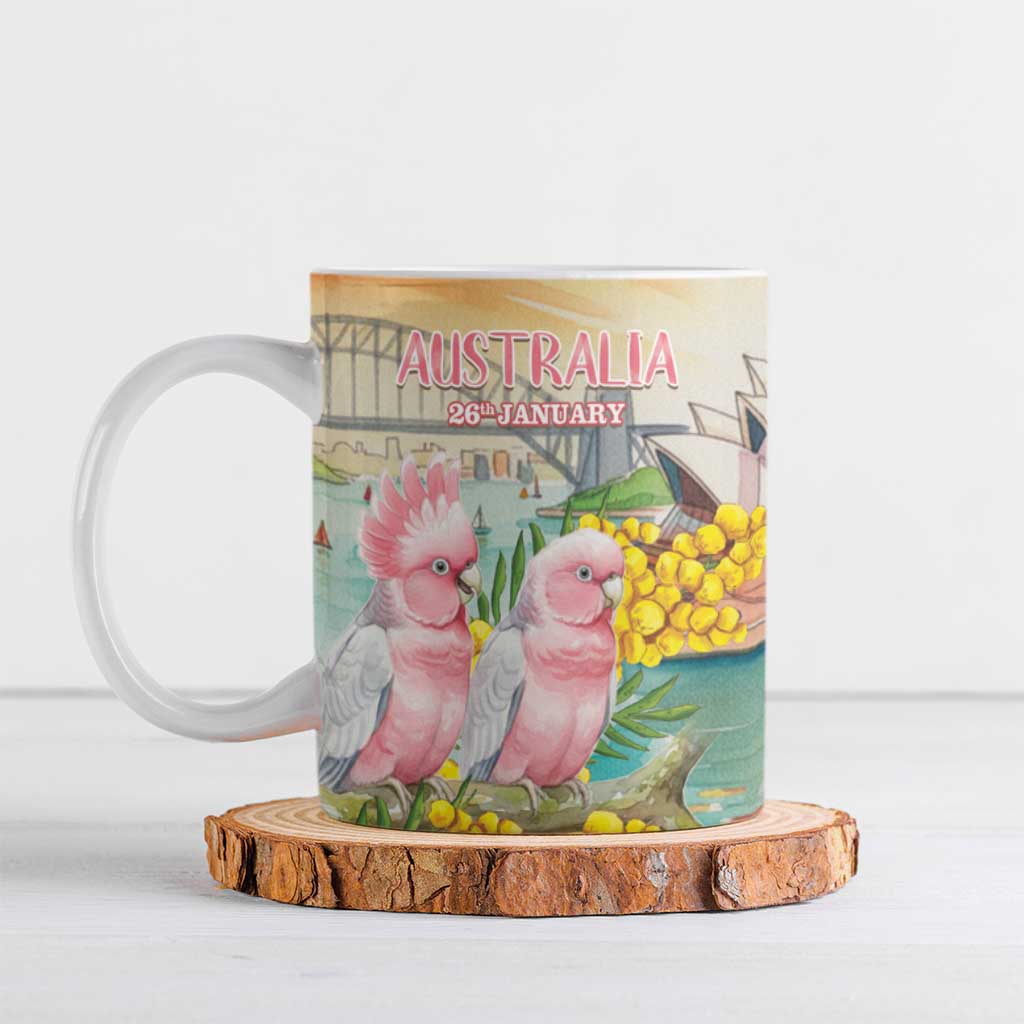 Personalised Pink Galah Australia Day Ceramic Mug Aussie Sydney Opera House Watercolor Stylized - Aussie Hoodie