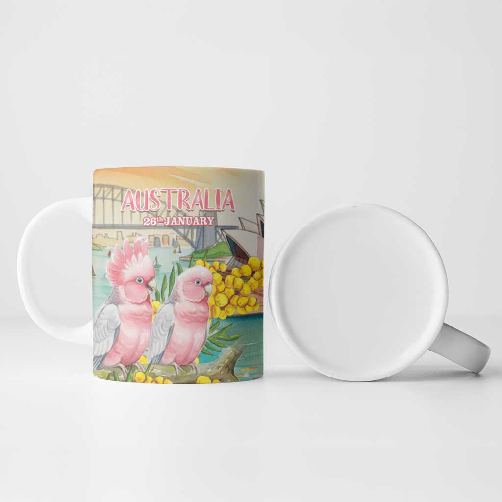 Personalised Pink Galah Australia Day Ceramic Mug Aussie Sydney Opera House Watercolor Stylized - Aussie Hoodie