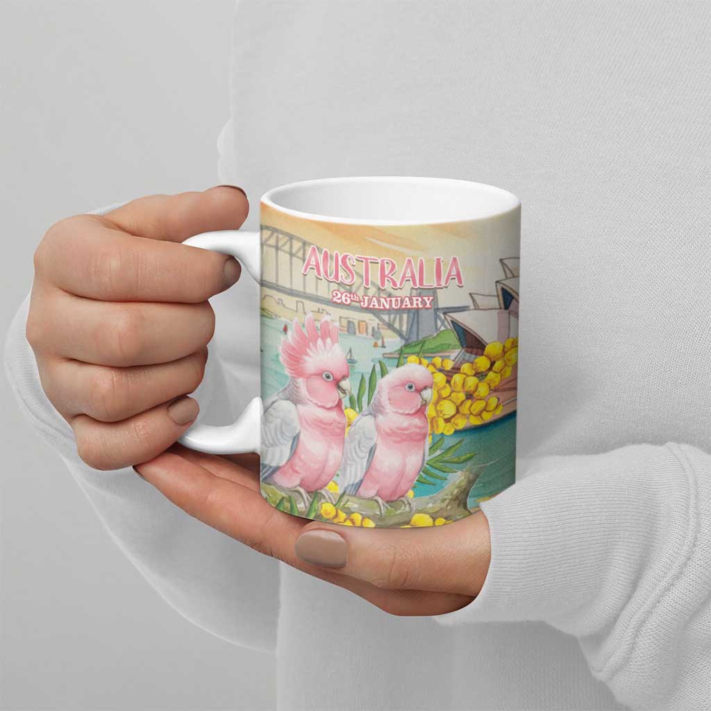 Personalised Pink Galah Australia Day Ceramic Mug Aussie Sydney Opera House Watercolor Stylized - Aussie Hoodie