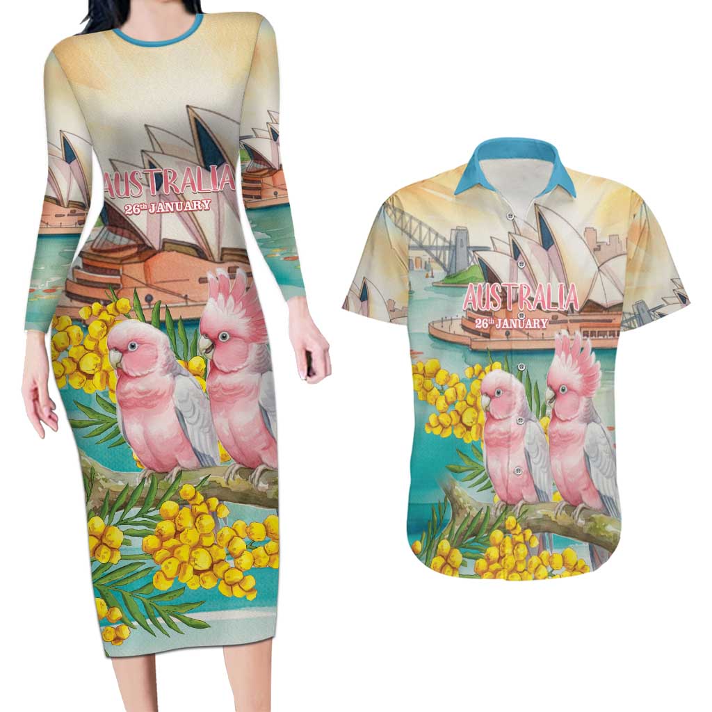 Personalised Pink Galah Australia Day Couples Matching Long Sleeve Bodycon Dress and Hawaiian Shirt Aussie Sydney Opera House Watercolor Stylized - Aussie Hoodie