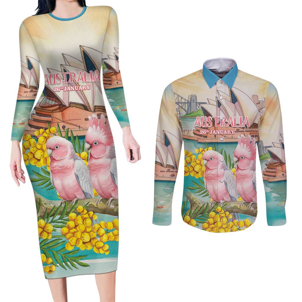 Personalised Pink Galah Australia Day Couples Matching Long Sleeve Bodycon Dress and Long Sleeve Button Shirt Aussie Sydney Opera House Watercolor Stylized - Aussie Hoodie