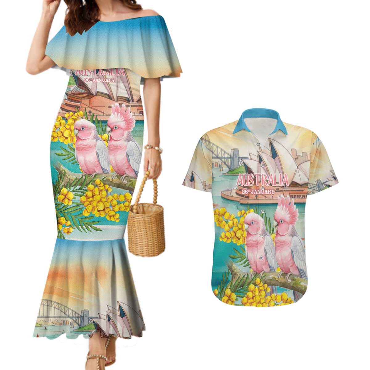 Personalised Pink Galah Australia Day Couples Matching Mermaid Dress and Hawaiian Shirt Aussie Sydney Opera House Watercolor Stylized - Aussie Hoodie