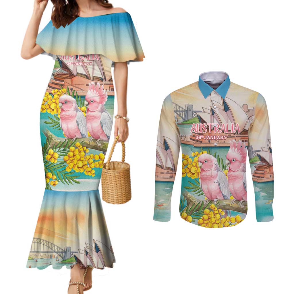 Personalised Pink Galah Australia Day Couples Matching Mermaid Dress and Long Sleeve Button Shirt Aussie Sydney Opera House Watercolor Stylized - Aussie Hoodie
