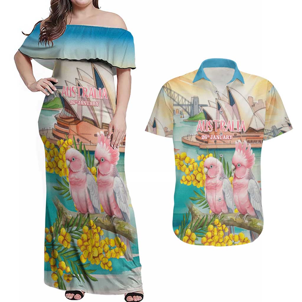 Personalised Pink Galah Australia Day Couples Matching Off Shoulder Maxi Dress and Hawaiian Shirt Aussie Sydney Opera House Watercolor Stylized - Aussie Hoodie