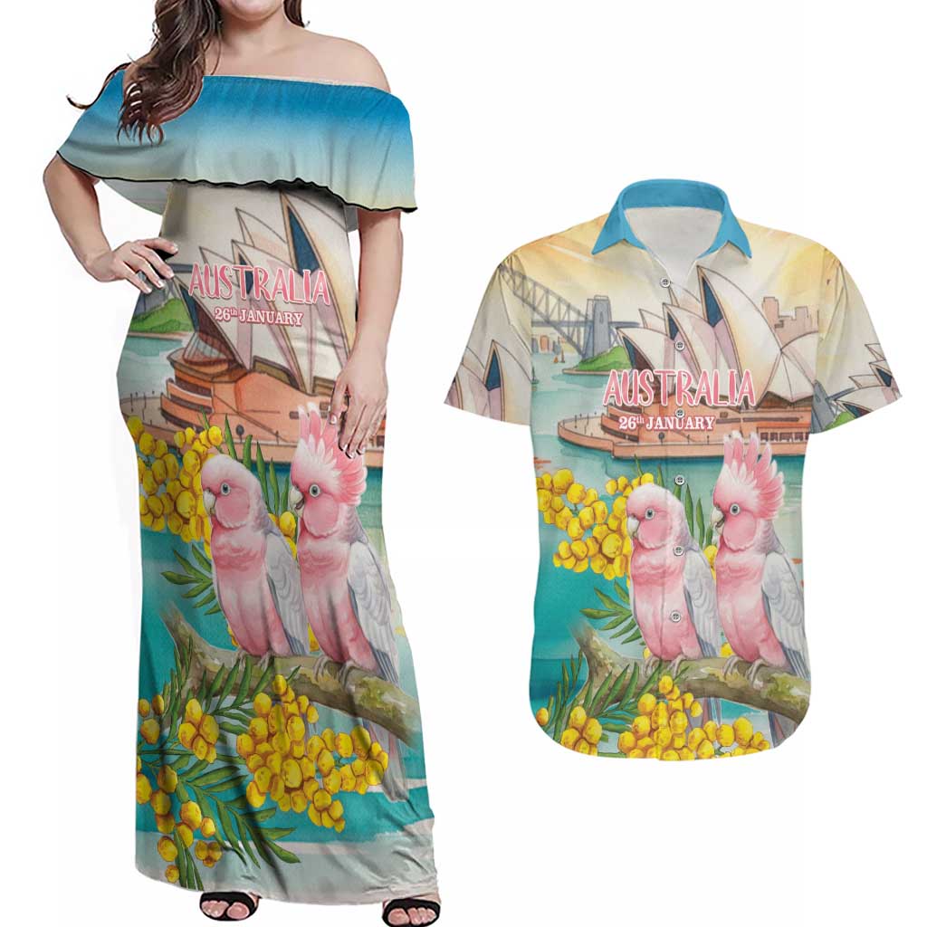 Personalised Pink Galah Australia Day Couples Matching Off Shoulder Maxi Dress and Hawaiian Shirt Aussie Sydney Opera House Watercolor Stylized - Aussie Hoodie