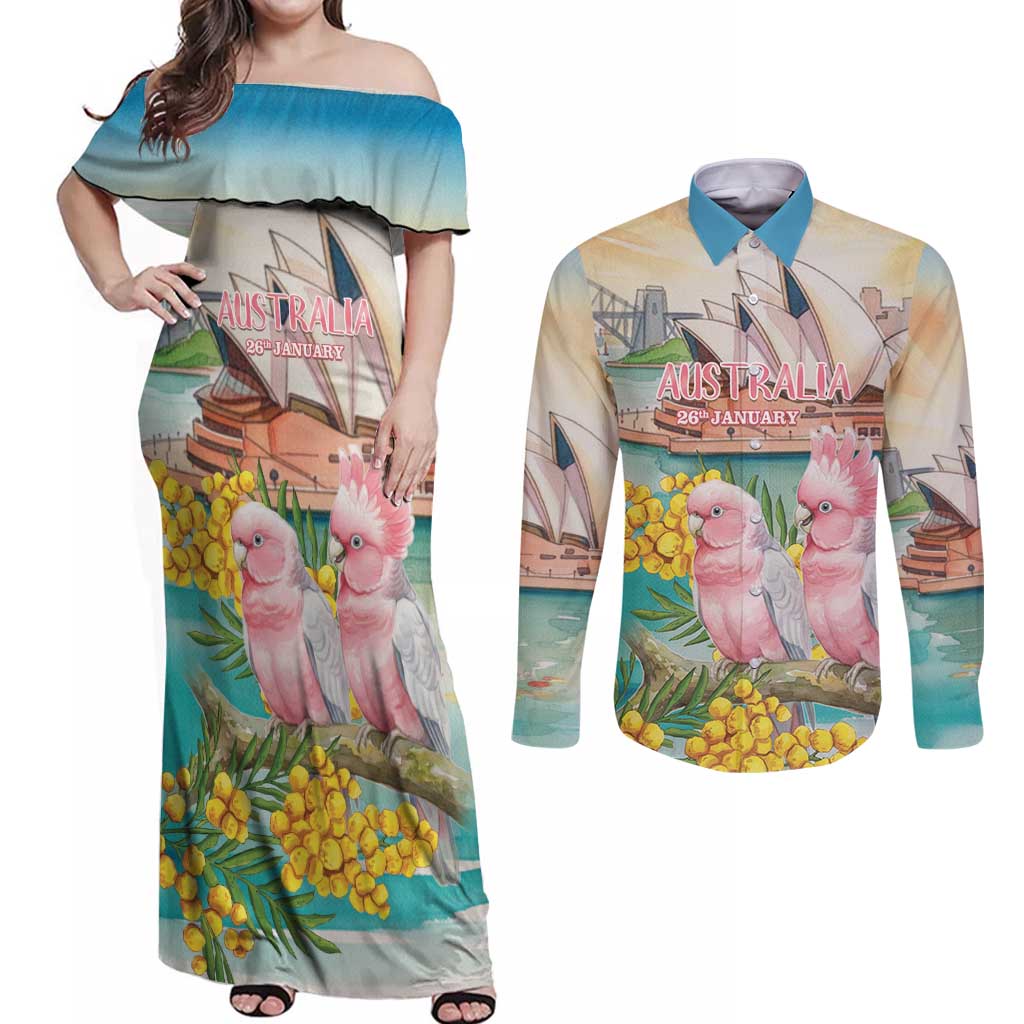 Personalised Pink Galah Australia Day Couples Matching Off Shoulder Maxi Dress and Long Sleeve Button Shirt Aussie Sydney Opera House Watercolor Stylized - Aussie Hoodie