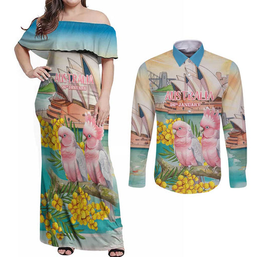 Personalised Pink Galah Australia Day Couples Matching Off Shoulder Maxi Dress and Long Sleeve Button Shirt Aussie Sydney Opera House Watercolor Stylized - Aussie Hoodie
