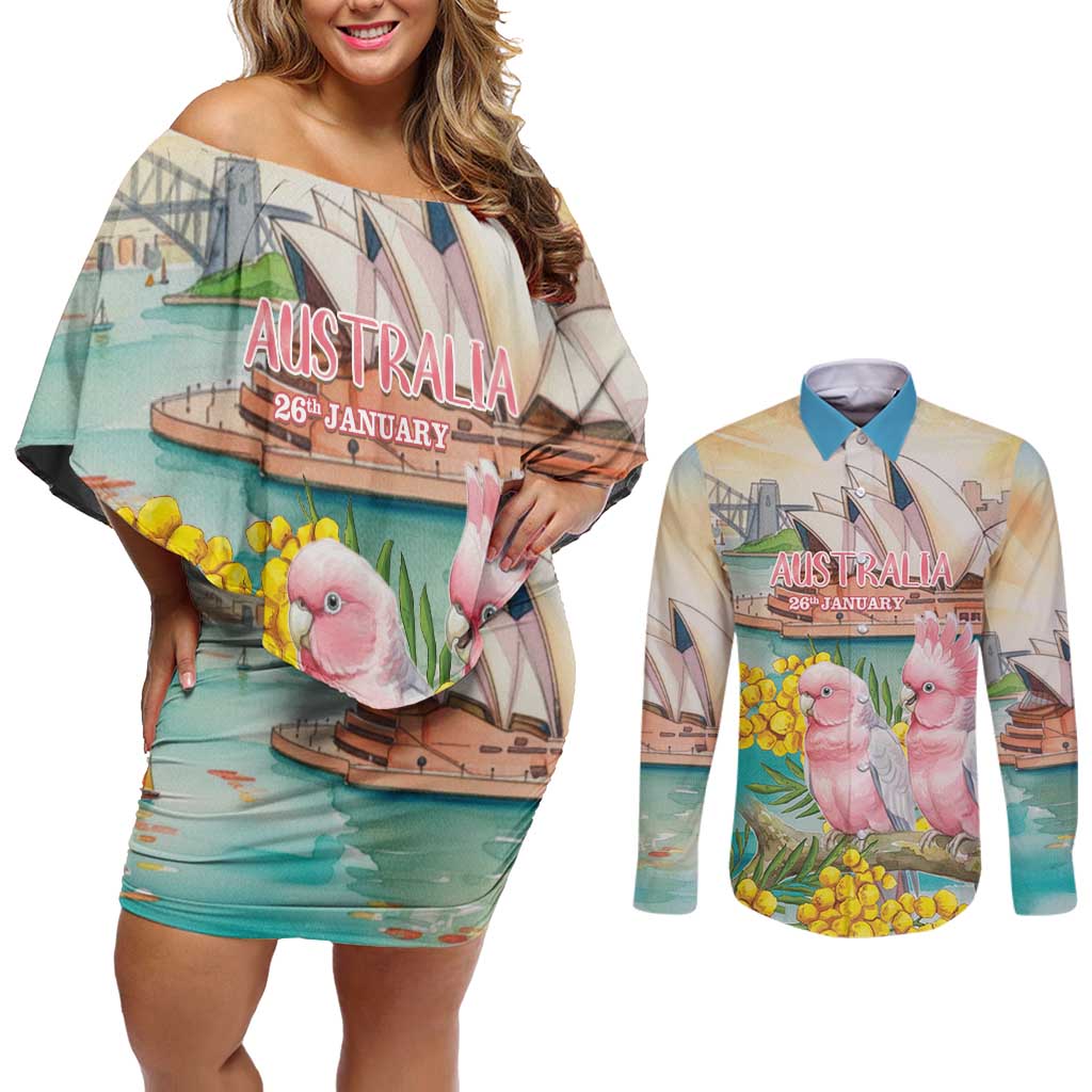 Personalised Pink Galah Australia Day Couples Matching Off Shoulder Short Dress and Long Sleeve Button Shirt Aussie Sydney Opera House Watercolor Stylized - Aussie Hoodie