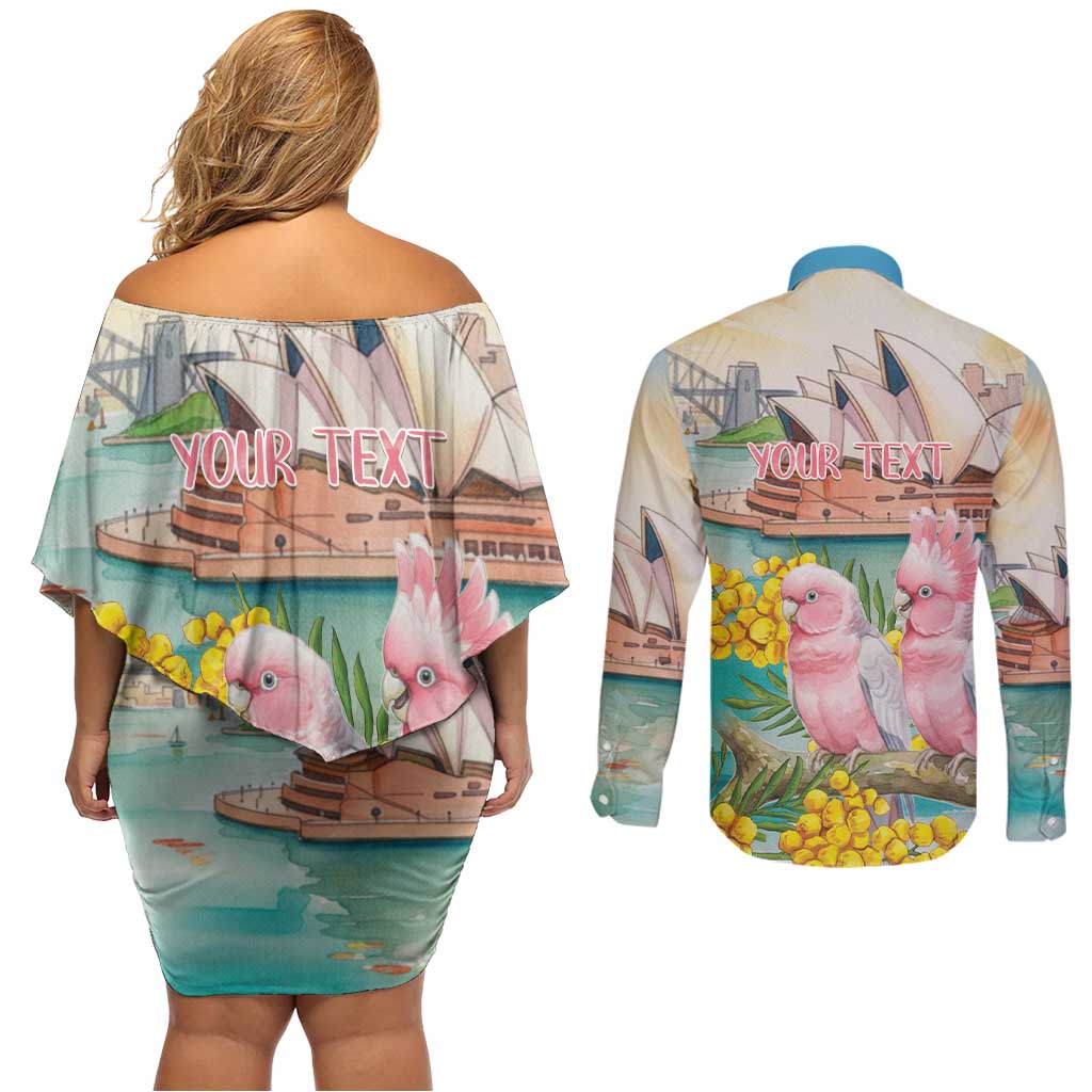 Personalised Pink Galah Australia Day Couples Matching Off Shoulder Short Dress and Long Sleeve Button Shirt Aussie Sydney Opera House Watercolor Stylized - Aussie Hoodie