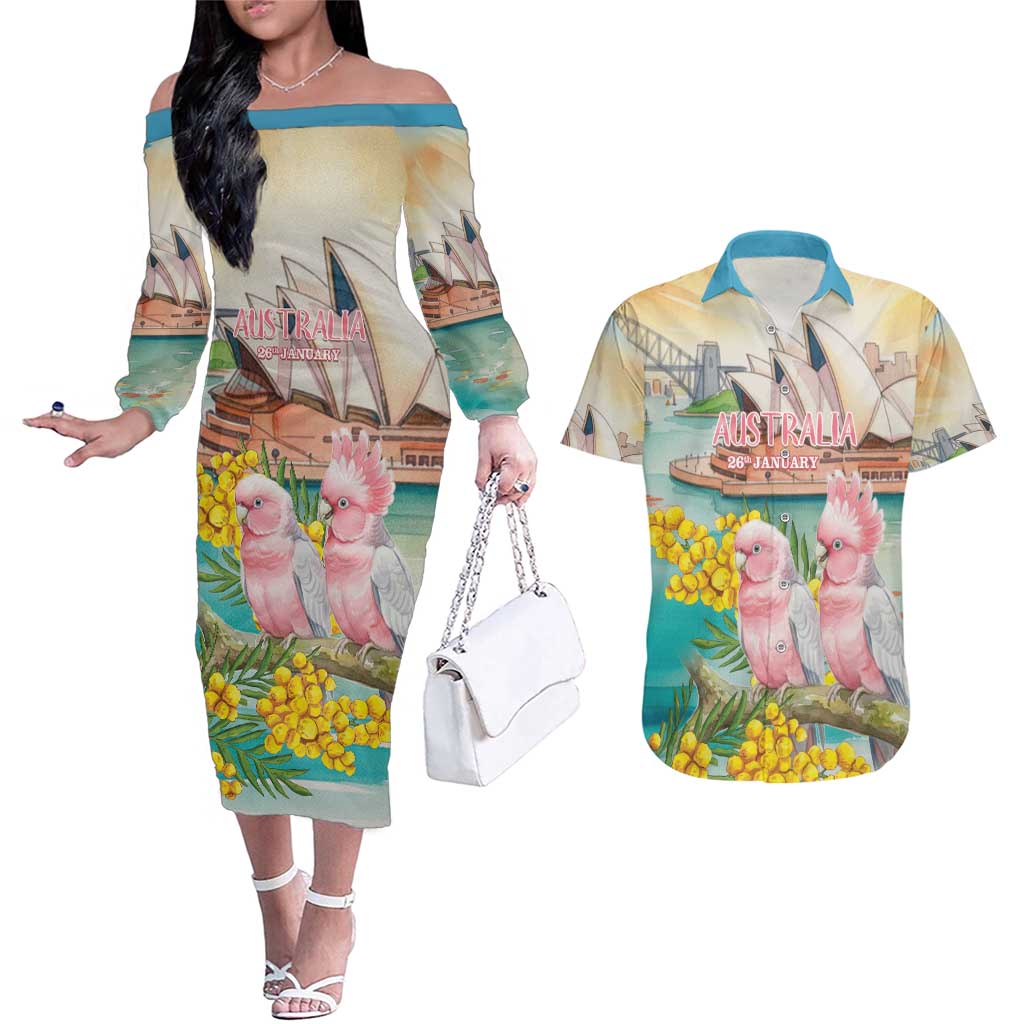Personalised Pink Galah Australia Day Couples Matching Off The Shoulder Long Sleeve Dress and Hawaiian Shirt Aussie Sydney Opera House Watercolor Stylized - Aussie Hoodie