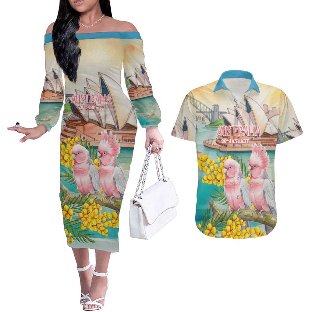 Personalised Pink Galah Australia Day Couples Matching Off The Shoulder Long Sleeve Dress and Hawaiian Shirt Aussie Sydney Opera House Watercolor Stylized - Aussie Hoodie
