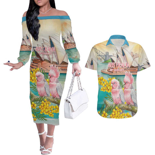 Personalised Pink Galah Australia Day Couples Matching Off The Shoulder Long Sleeve Dress and Hawaiian Shirt Aussie Sydney Opera House Watercolor Stylized - Aussie Hoodie