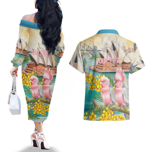 Personalised Pink Galah Australia Day Couples Matching Off The Shoulder Long Sleeve Dress and Hawaiian Shirt Aussie Sydney Opera House Watercolor Stylized - Aussie Hoodie