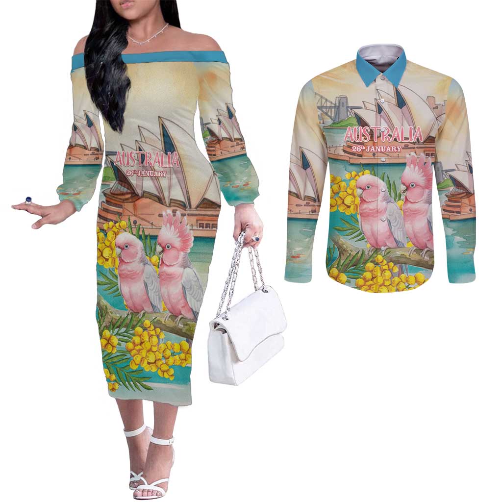 Personalised Pink Galah Australia Day Couples Matching Off The Shoulder Long Sleeve Dress and Long Sleeve Button Shirt Aussie Sydney Opera House Watercolor Stylized - Aussie Hoodie