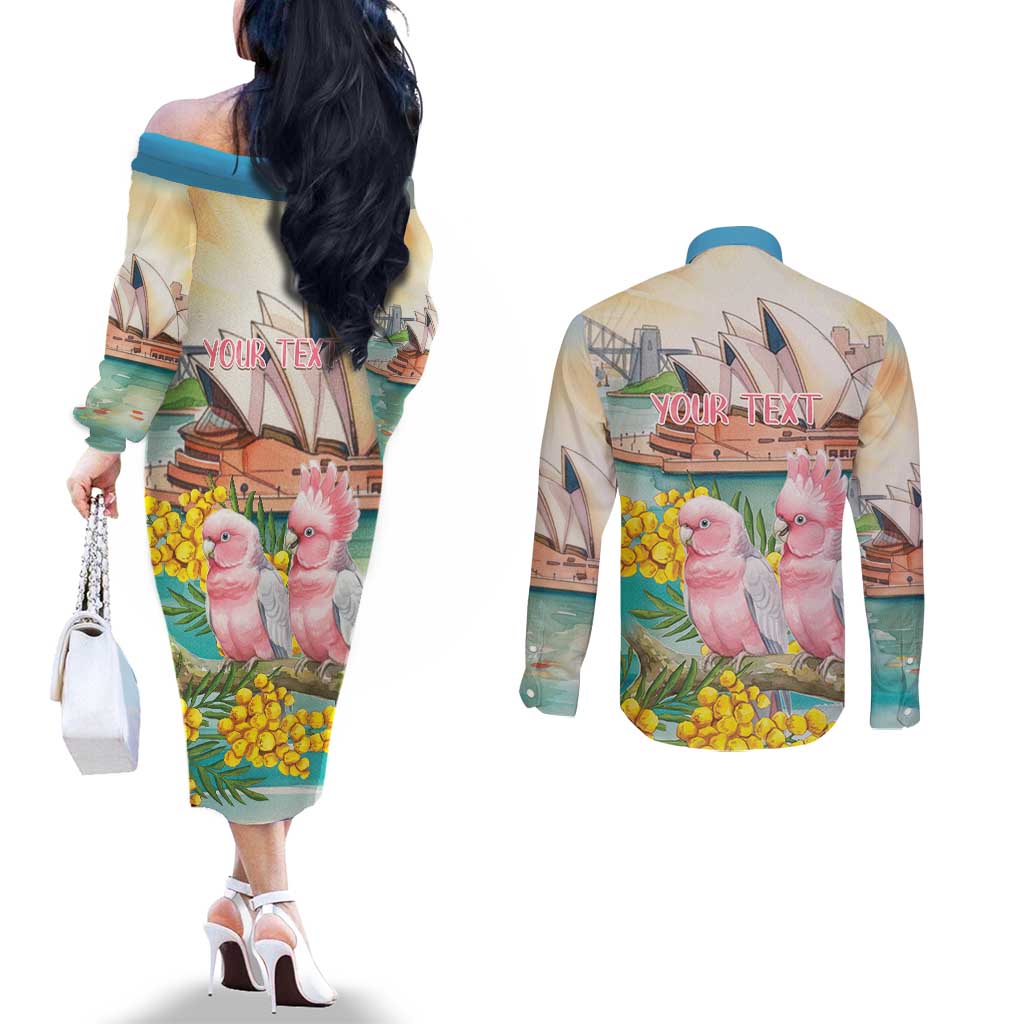 Personalised Pink Galah Australia Day Couples Matching Off The Shoulder Long Sleeve Dress and Long Sleeve Button Shirt Aussie Sydney Opera House Watercolor Stylized - Aussie Hoodie
