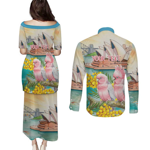 Personalised Pink Galah Australia Day Couples Matching Puletasi and Long Sleeve Button Shirt Aussie Sydney Opera House Watercolor Stylized - Aussie Hoodie
