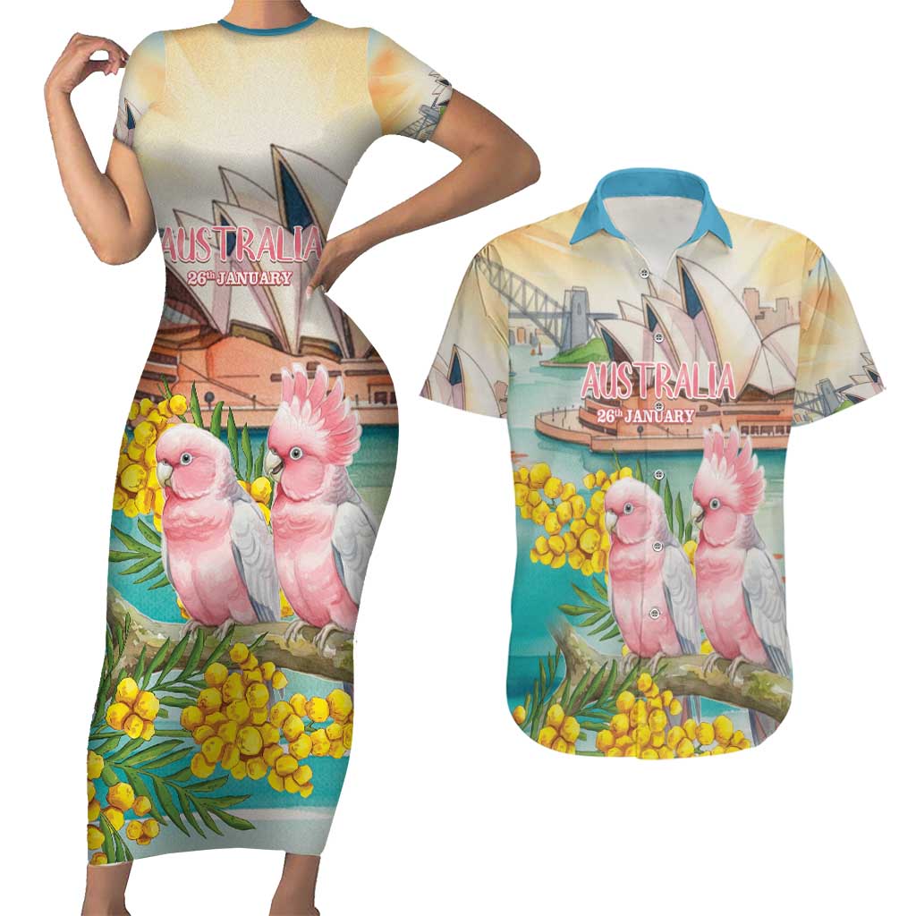Personalised Pink Galah Australia Day Couples Matching Short Sleeve Bodycon Dress and Hawaiian Shirt Aussie Sydney Opera House Watercolor Stylized - Aussie Hoodie