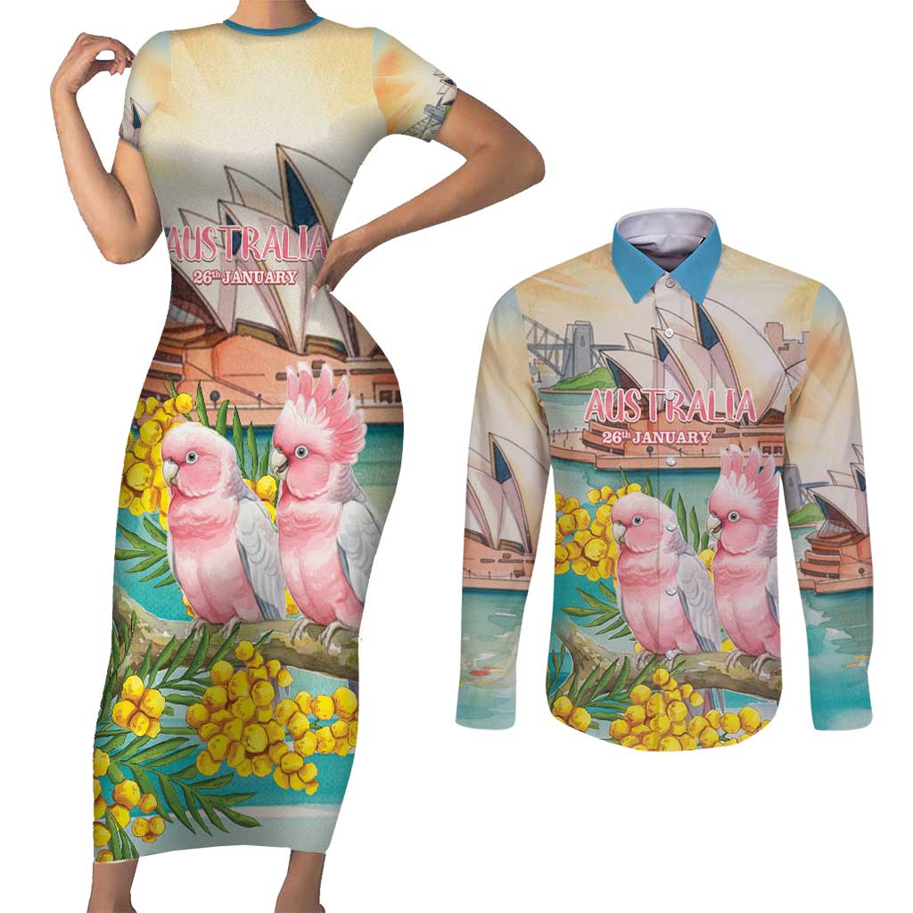 Personalised Pink Galah Australia Day Couples Matching Short Sleeve Bodycon Dress and Long Sleeve Button Shirt Aussie Sydney Opera House Watercolor Stylized - Aussie Hoodie