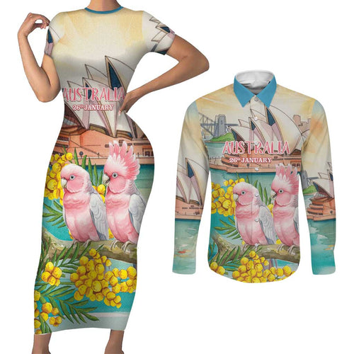 Personalised Pink Galah Australia Day Couples Matching Short Sleeve Bodycon Dress and Long Sleeve Button Shirt Aussie Sydney Opera House Watercolor Stylized - Aussie Hoodie