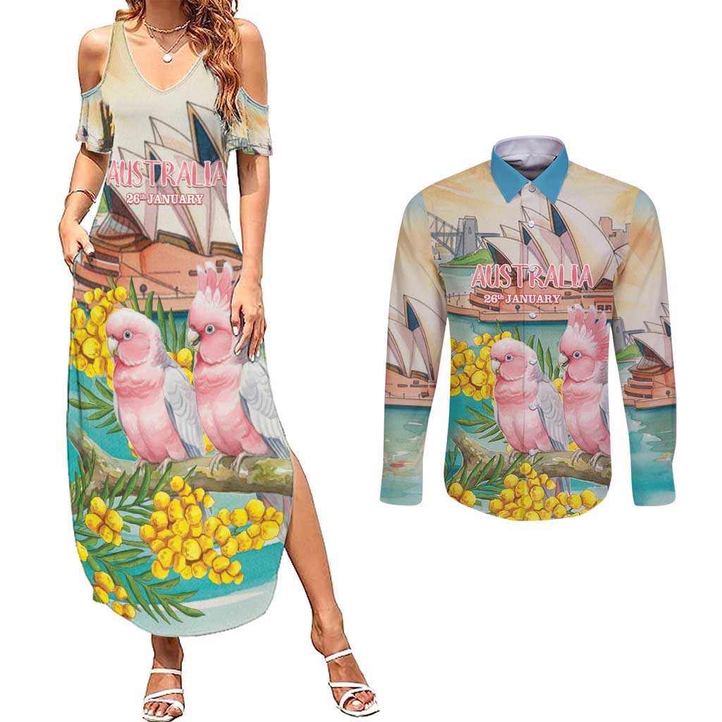 Personalised Pink Galah Australia Day Couples Matching Summer Maxi Dress and Long Sleeve Button Shirt Aussie Sydney Opera House Watercolor Stylized - Aussie Hoodie
