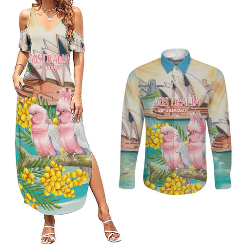 Personalised Pink Galah Australia Day Couples Matching Summer Maxi Dress and Long Sleeve Button Shirt Aussie Sydney Opera House Watercolor Stylized - Aussie Hoodie