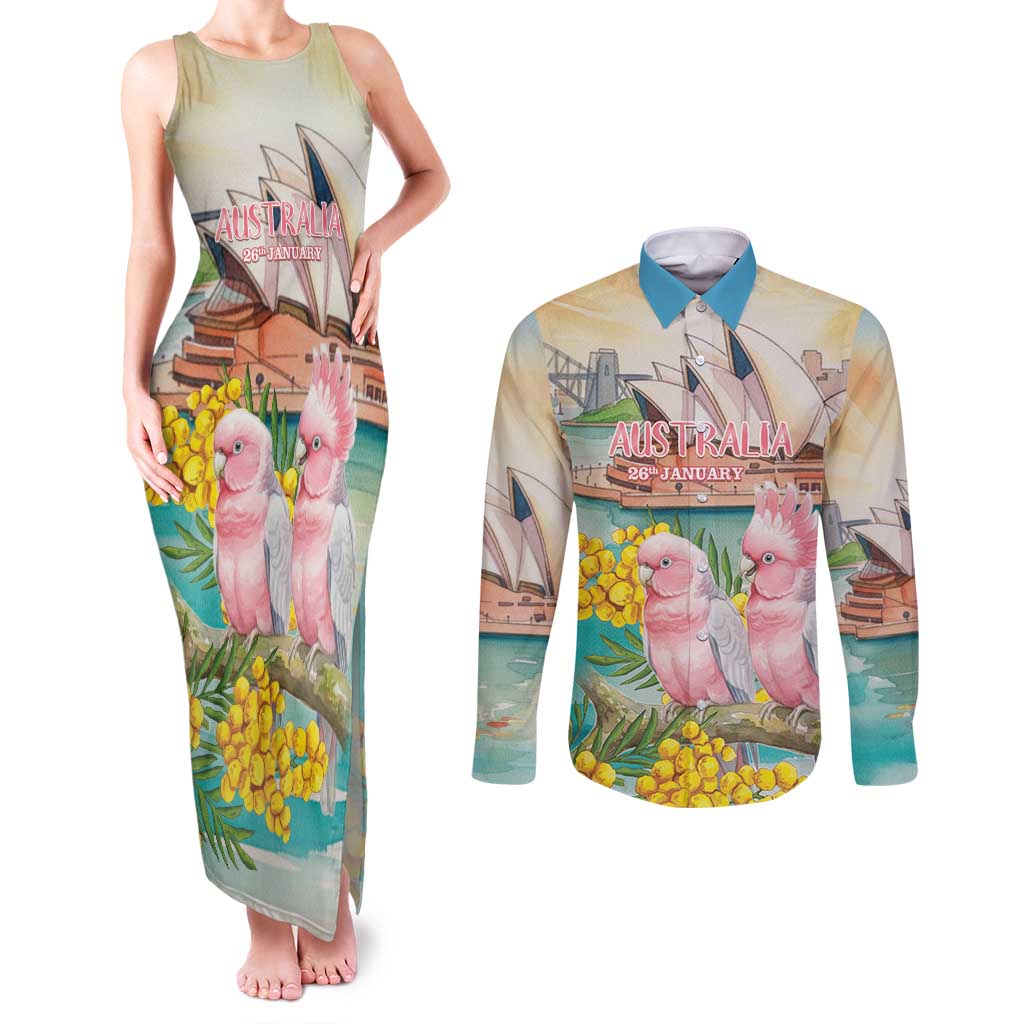 Personalised Pink Galah Australia Day Couples Matching Tank Maxi Dress and Long Sleeve Button Shirt Aussie Sydney Opera House Watercolor Stylized - Aussie Hoodie