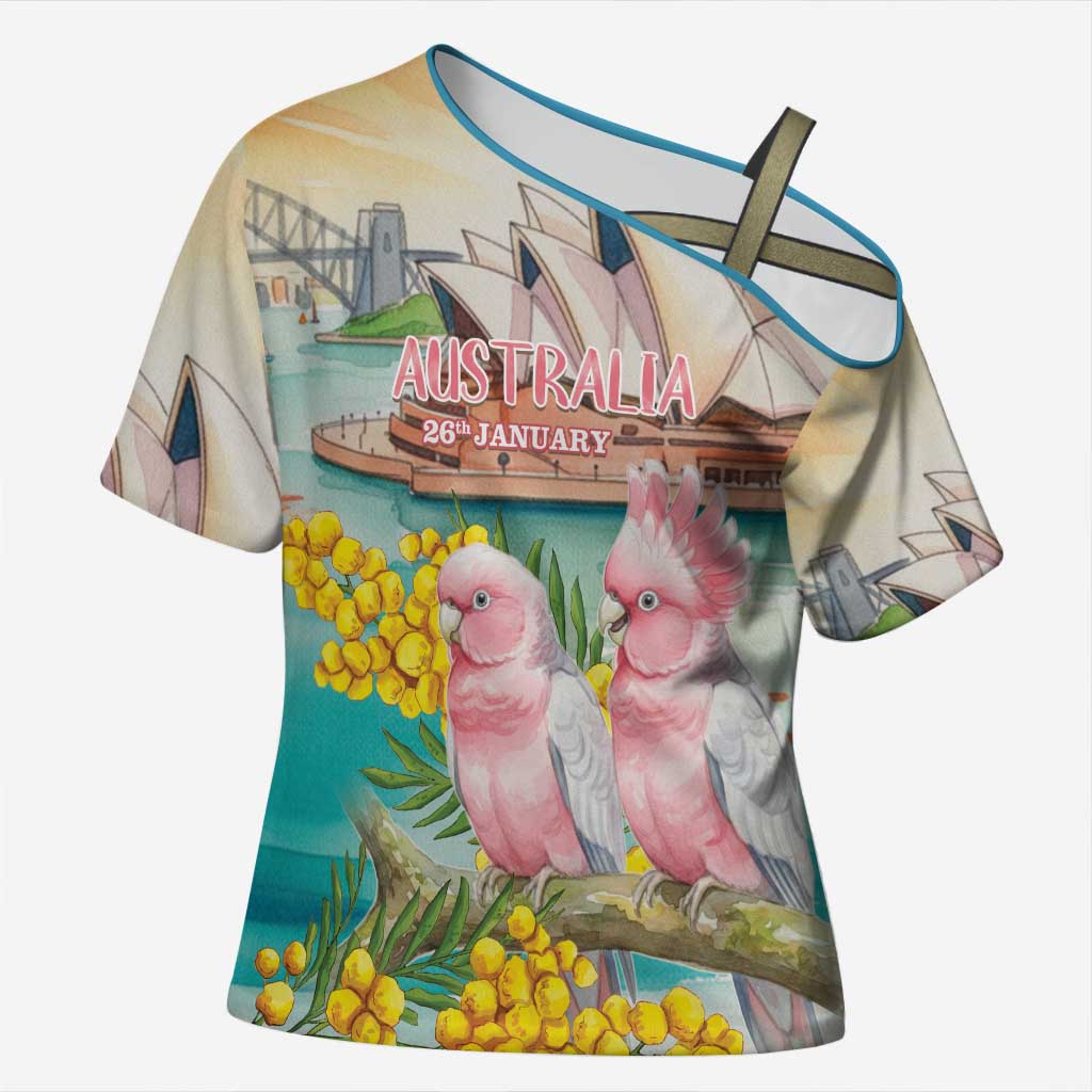 Personalised Pink Galah Australia Day Cross Shoulder Shirt Aussie Sydney Opera House Watercolor Stylized - Aussie Hoodie