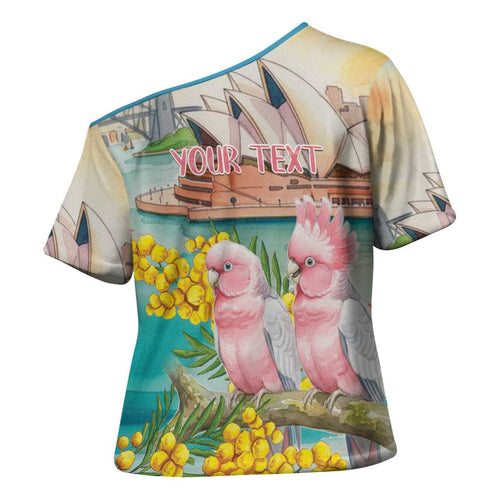 Personalised Pink Galah Australia Day Cross Shoulder Shirt Aussie Sydney Opera House Watercolor Stylized - Aussie Hoodie