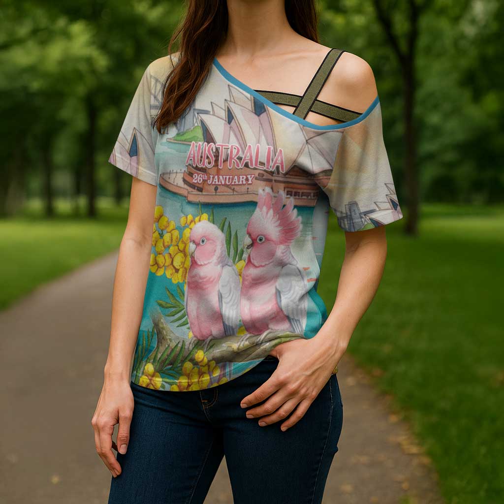 Personalised Pink Galah Australia Day Cross Shoulder Shirt Aussie Sydney Opera House Watercolor Stylized - Aussie Hoodie