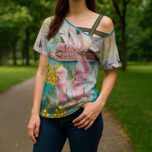 Personalised Pink Galah Australia Day Cross Shoulder Shirt Aussie Sydney Opera House Watercolor Stylized - Aussie Hoodie