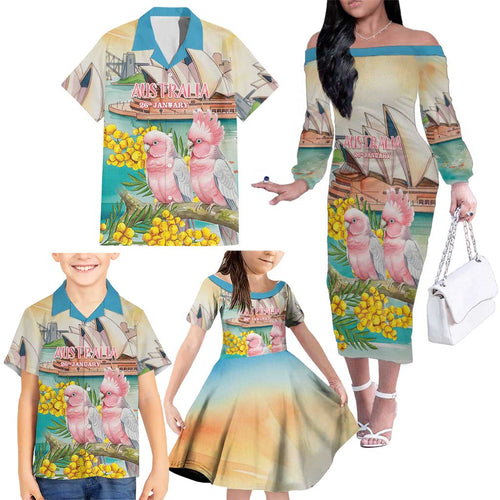 Personalised Pink Galah Australia Day Family Matching Off The Shoulder Long Sleeve Dress and Hawaiian Shirt Aussie Sydney Opera House Watercolor Stylized - Aussie Hoodie