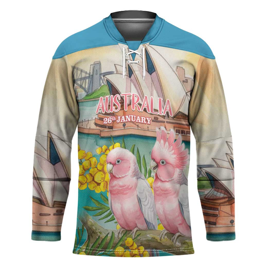 Personalised Pink Galah Australia Day Hockey Jersey Aussie Sydney Opera House Watercolor Stylized - Aussie Hoodie