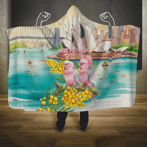 Pink Galah Australia Day Hooded Blanket Aussie Sydney Opera House Watercolor Stylized - Aussie Hoodie