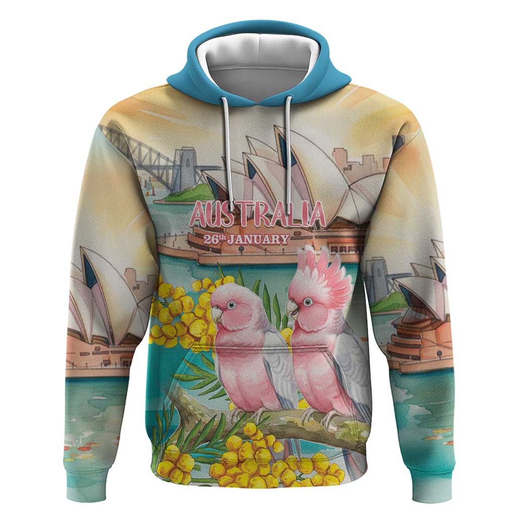 Personalised Pink Galah Australia Day Hoodie Aussie Sydney Opera House Watercolor Stylized - Aussie Hoodie