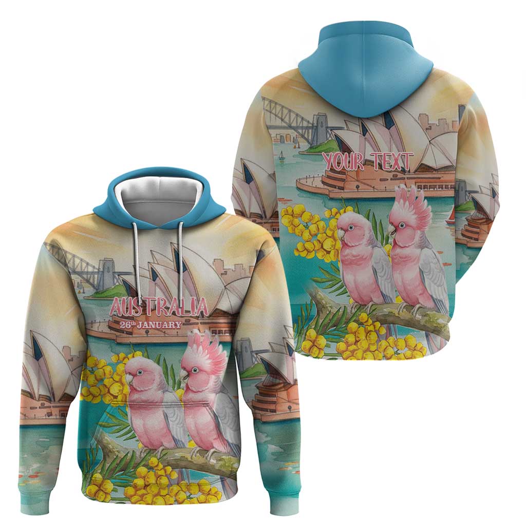 Personalised Pink Galah Australia Day Hoodie Aussie Sydney Opera House Watercolor Stylized - Aussie Hoodie