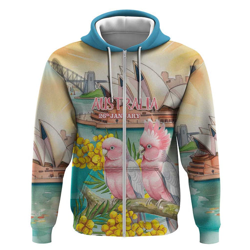 Personalised Pink Galah Australia Day Hoodie Aussie Sydney Opera House Watercolor Stylized - Aussie Hoodie