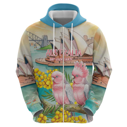 Personalised Pink Galah Australia Day Hoodie Aussie Sydney Opera House Watercolor Stylized - Aussie Hoodie