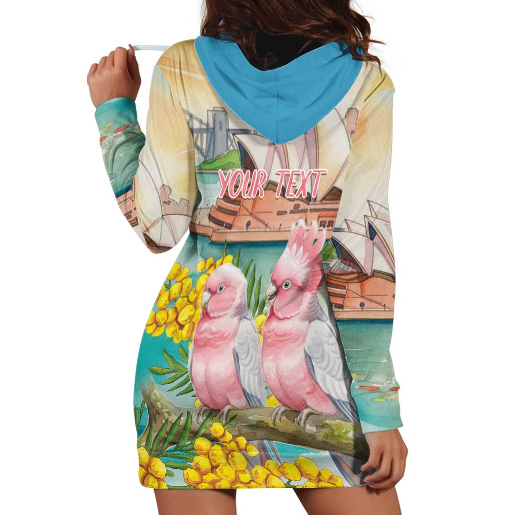 Personalised Pink Galah Australia Day Hoodie Dress Aussie Sydney Opera House Watercolor Stylized - Aussie Hoodie