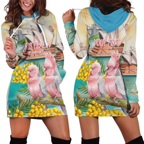 Personalised Pink Galah Australia Day Hoodie Dress Aussie Sydney Opera House Watercolor Stylized - Aussie Hoodie