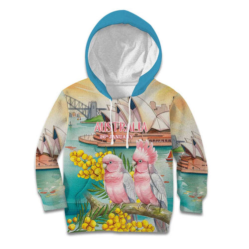 Personalised Pink Galah Australia Day Kid Hoodie Aussie Sydney Opera House Watercolor Stylized - Aussie Hoodie