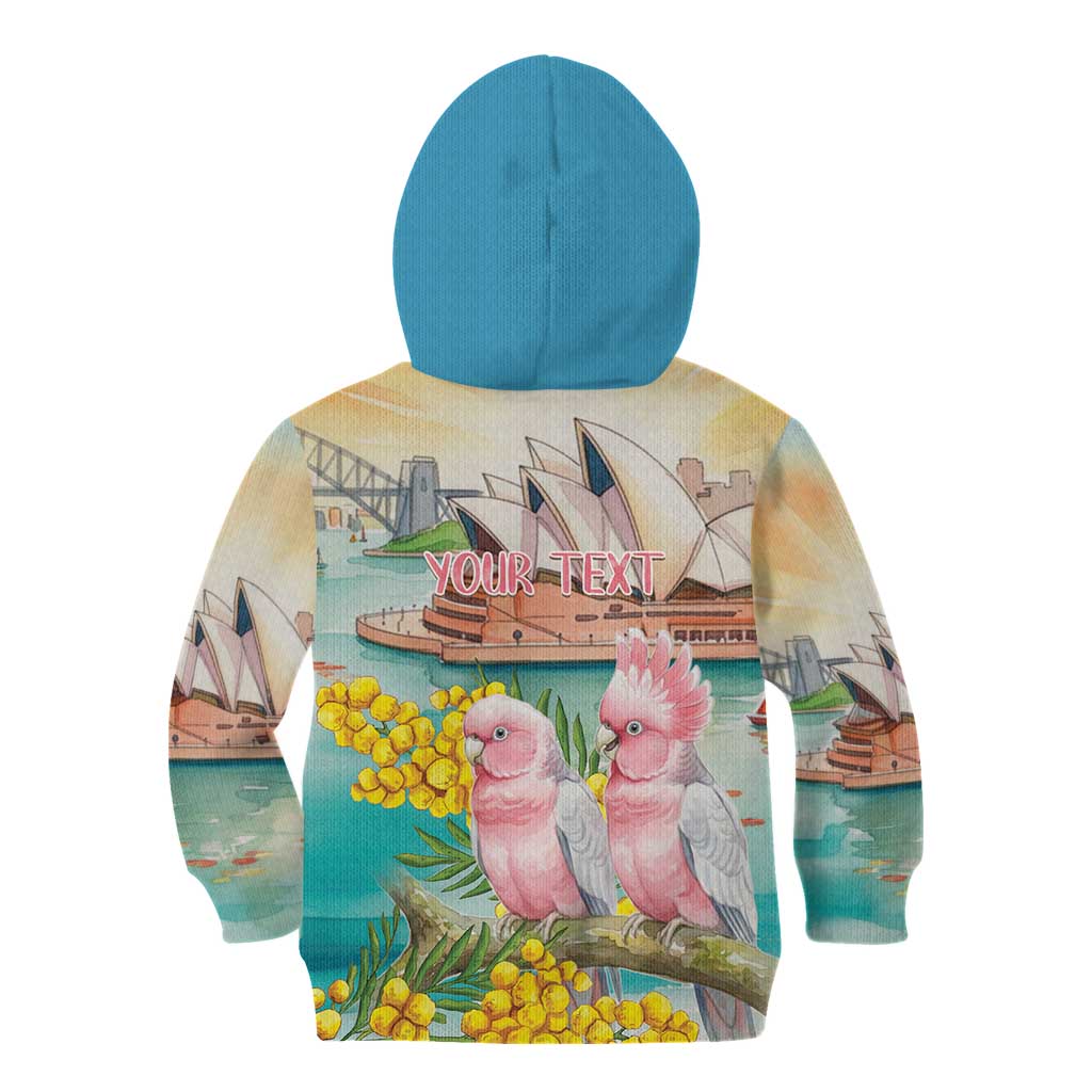 Personalised Pink Galah Australia Day Kid Hoodie Aussie Sydney Opera House Watercolor Stylized - Aussie Hoodie