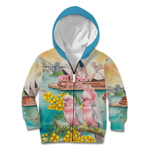 Personalised Pink Galah Australia Day Kid Hoodie Aussie Sydney Opera House Watercolor Stylized - Aussie Hoodie