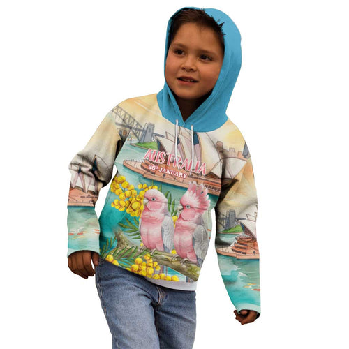 Personalised Pink Galah Australia Day Kid Hoodie Aussie Sydney Opera House Watercolor Stylized - Aussie Hoodie