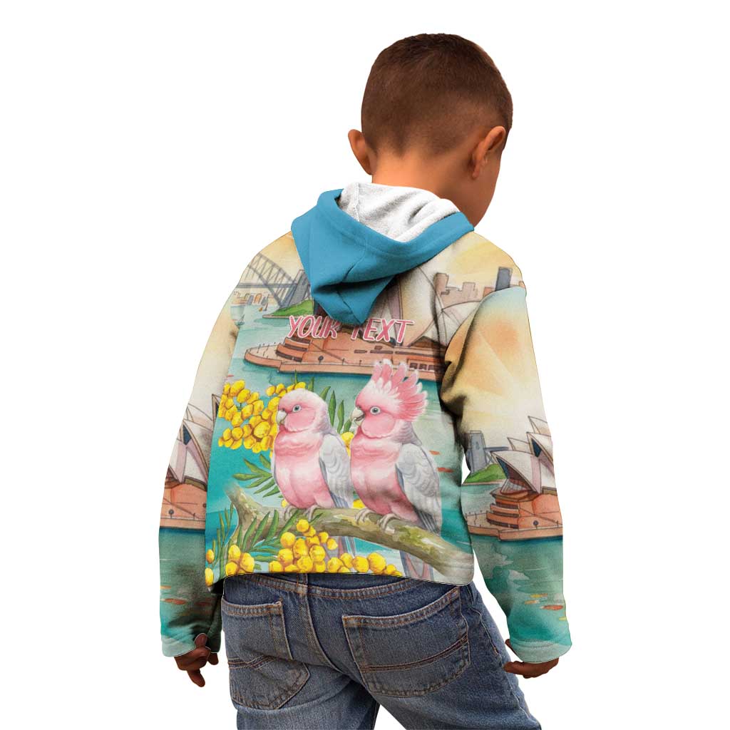 Personalised Pink Galah Australia Day Kid Hoodie Aussie Sydney Opera House Watercolor Stylized - Aussie Hoodie