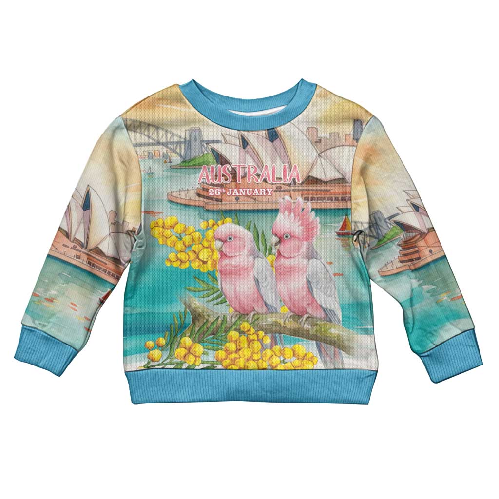 Personalised Pink Galah Australia Day Kid Ugly Christmas Sweater Aussie Sydney Opera House Watercolor Stylized - Aussie Hoodie